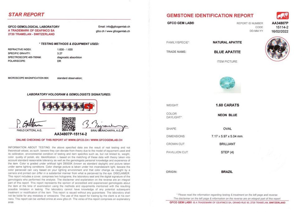 Certificate Blue apatite oval cut 1.60 ct