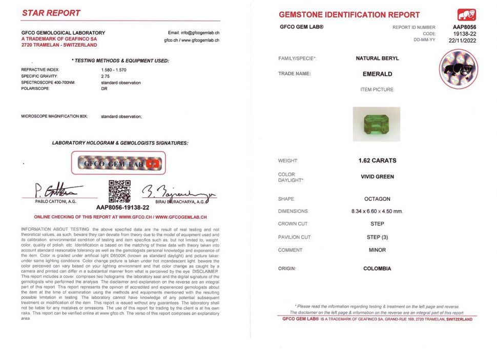 Certificate Vivid Green emerald 1.62 ct, Colombia