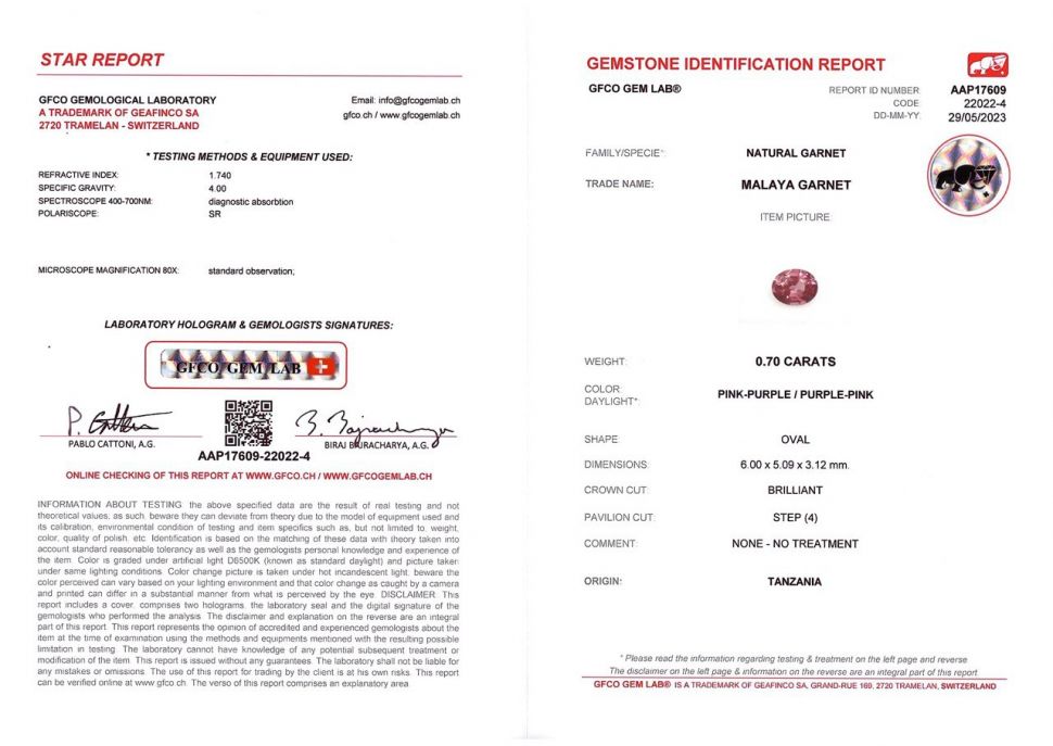 Certificate Pink Malaya garnet oval cut 0.70 carats, Tanzania