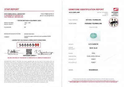 Certificate Neon blue tourmaline Paraiba in oval cut 6.73 ct, Mozambique