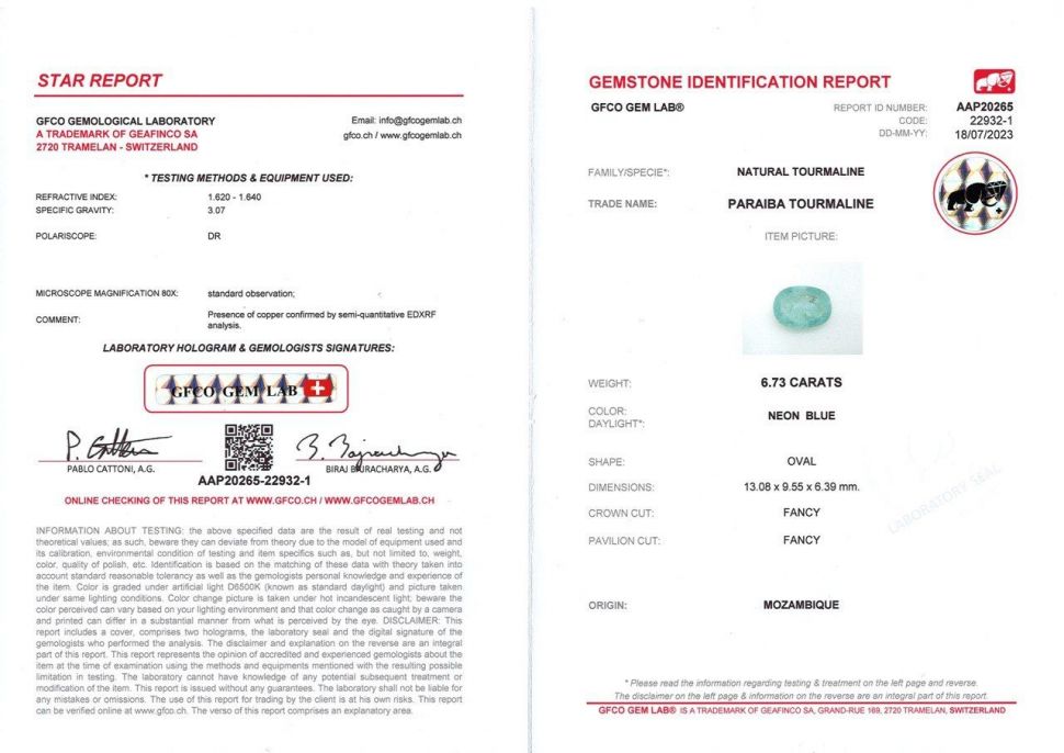 Certificate Neon blue tourmaline Paraiba in oval cut 6.73 ct, Mozambique