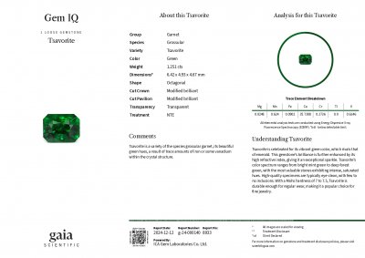 Certificate Granate tsavorita verde, talla octágono 1,25 quilates, Tanzania 