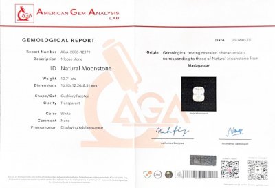 Certificate Piedra lunar arcoíris de Madagascar con talla cojín de 10,71 carats