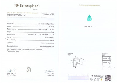 Certificate Neon-Pariba-turmalin im birnenschliff 6,76 karat, Mosambik