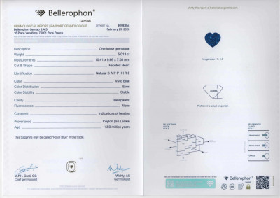 Certificate Saphir herzförmiger königsblauer 5,01 karat, Sri Lanka 
