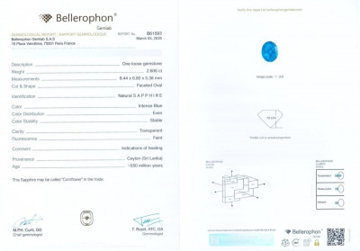 Certificate Kornblumenblauer saphir im ovalschliff 2,60 karat, Sri Lanka