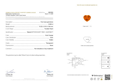 Certificate Spessartine orange vif aux proportions parfaites taille en cœur 3,96 carats, Nigeria 