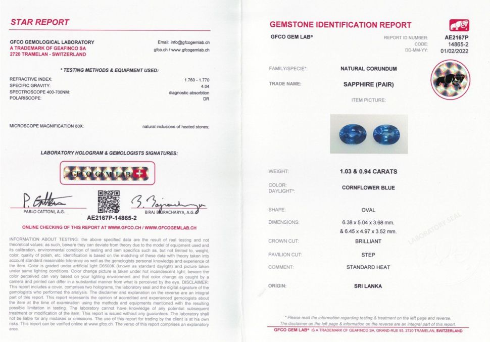 Certificate Pair of oval cut Cornflower sapphires 1.97 ct, Sri Lanka