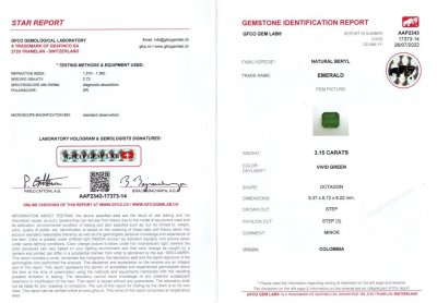 Certificate Vivid Green Emerald octagon shape 3.15 ct, Colombia