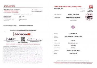 Certificate Untreated violet sapphire from Madagascar in round cut 0.91 ct