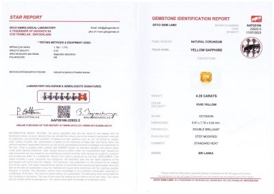 Certificate Saphir jaune vif taille radiant 4,35 ct, Sri Lanka