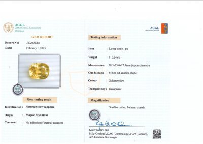 Certificate Unbeheizter saphir  goldgelber im kissenschliff 110,24 carats, Burma 