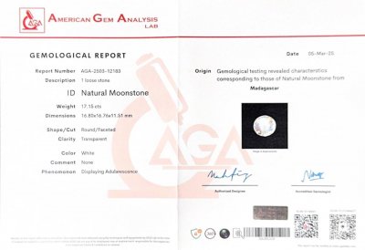 Certificate Piedra lunar arcoíris de talla redonda grande de 17,15 ct, Madagascar
