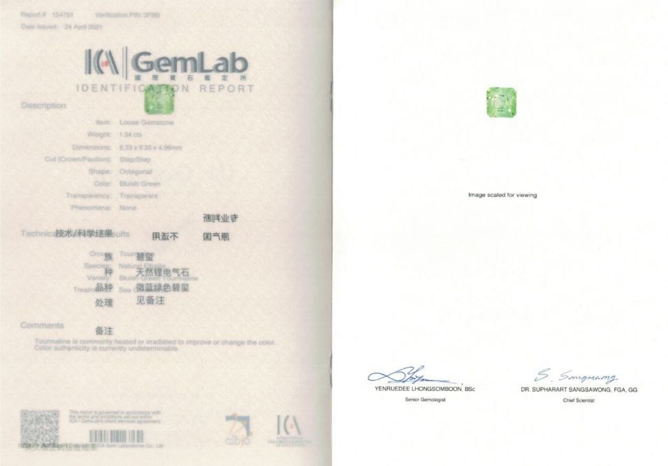 Certificate Mint Tourmaline Octagon 1.54ct ICA