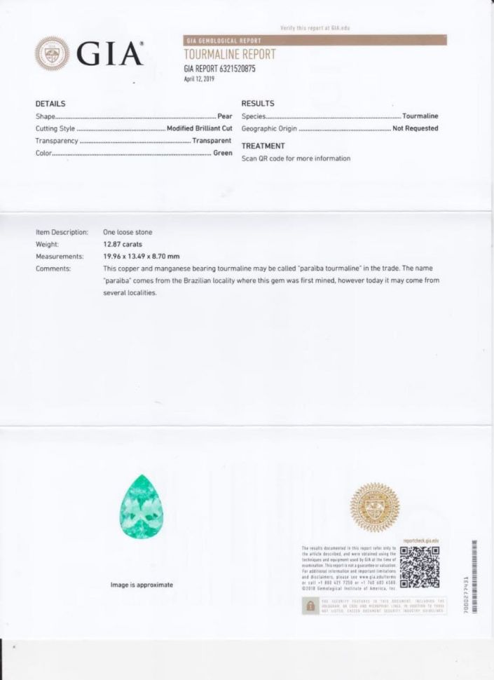 Certificate Bluish green paraiba tourmaline from Mozambique 12.87 ct, GIA