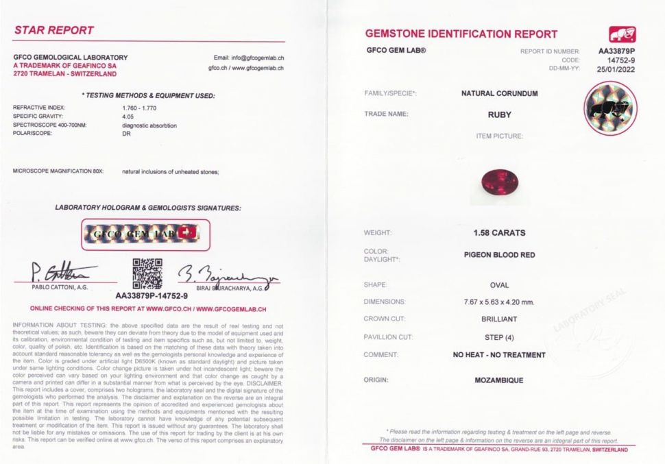 Certificate Pigeon's blood unheated oval ruby 1.58 ct, Mozambique
