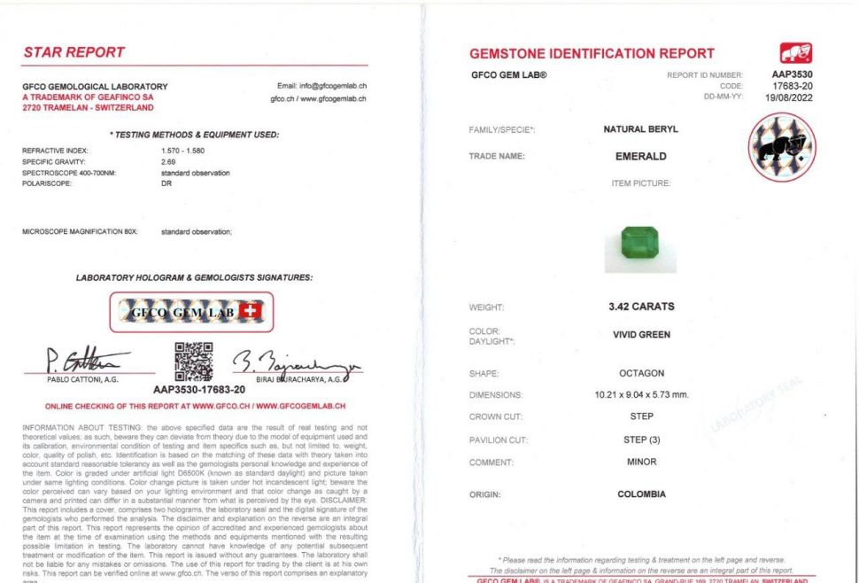 Certificate Colombian Vivid Green emerald octagon shape 3.42 ct