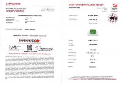 Certificate Colombian Emerald Vivid Green 2.56 ct