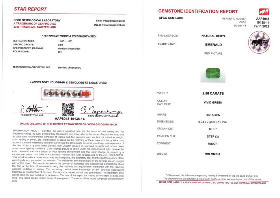Certificate Bright octagon emerald 2.56 ct