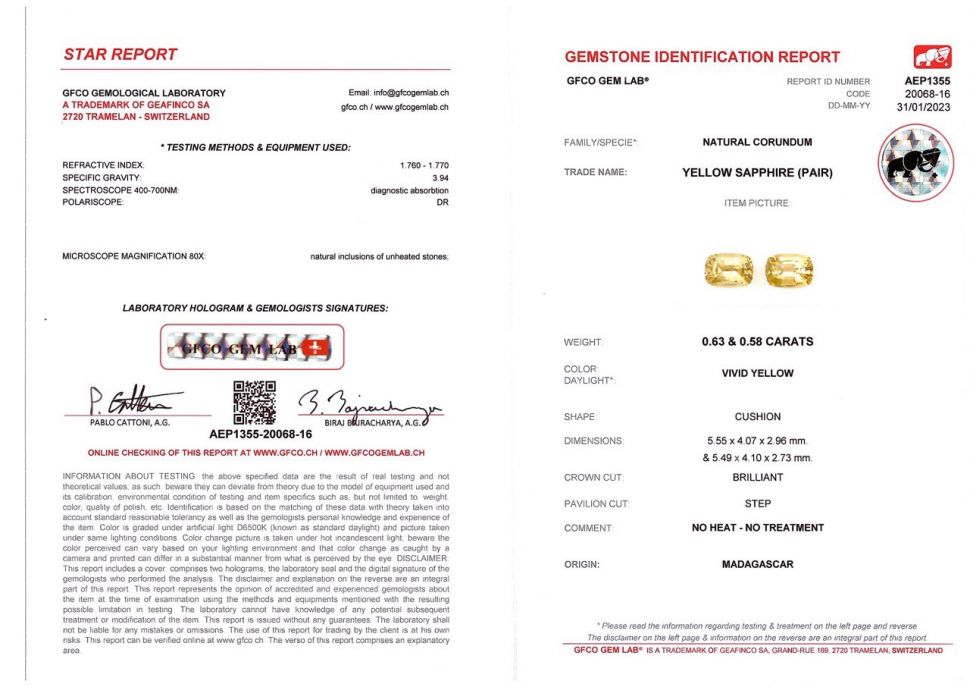 Certificate Pair of bright unheated lemon yellow sapphires 1.21 ct, Madagascar