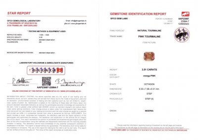 Certificate Rubellite taille octogonale 3,51 carats, Afrique