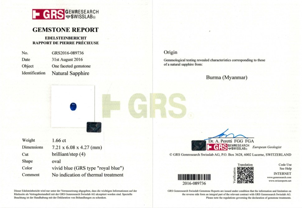 Certificate Pair of unheated sapphires 3.30 ct, Burma, GRS