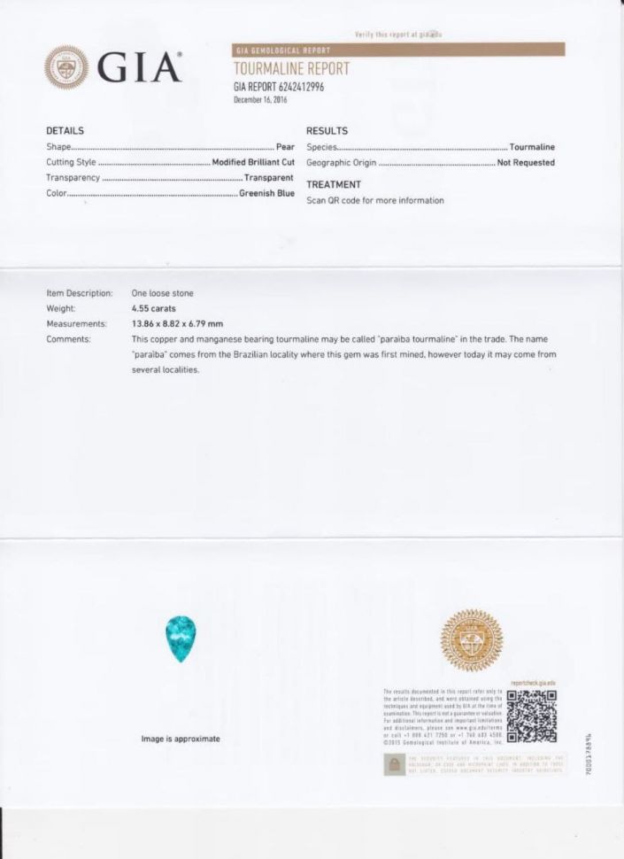 Certificate Top quality neon blue paraiba tourmaline 4.55 ct, GIA