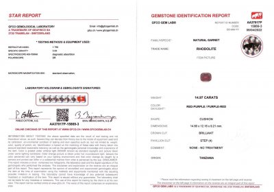Certificate Cushion cut rhodolite garnet 14.97 ct, Tanzania