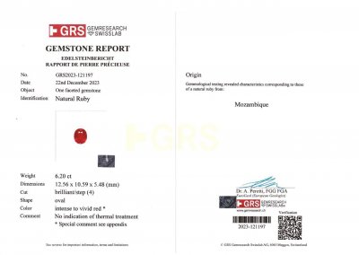 Certificate Rubis investissement non chauffé du Mozambique, 6,20 carats, Sang de Pigeon, GRS