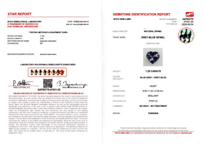 Certificate Gray blue spinel heart shape 1.25 carats, Tanzania