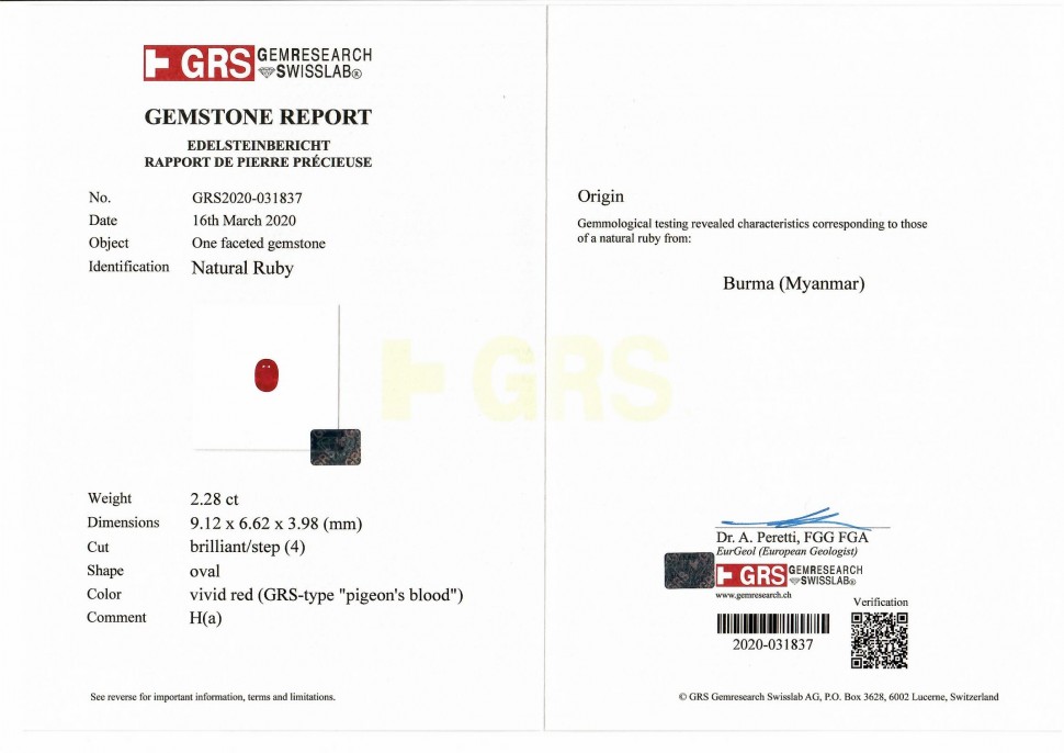 Certificate Set of Burmese rubies Pigeon's blood 6.47 ct, GRS