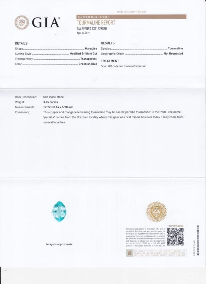Certificate Paraiba tourmaline, marquise cut 3.75 ct, GIA