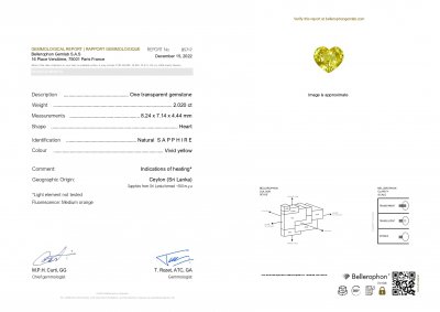 Certificate Saphir jaune taille cœur 2,02 ct, Sri Lanka