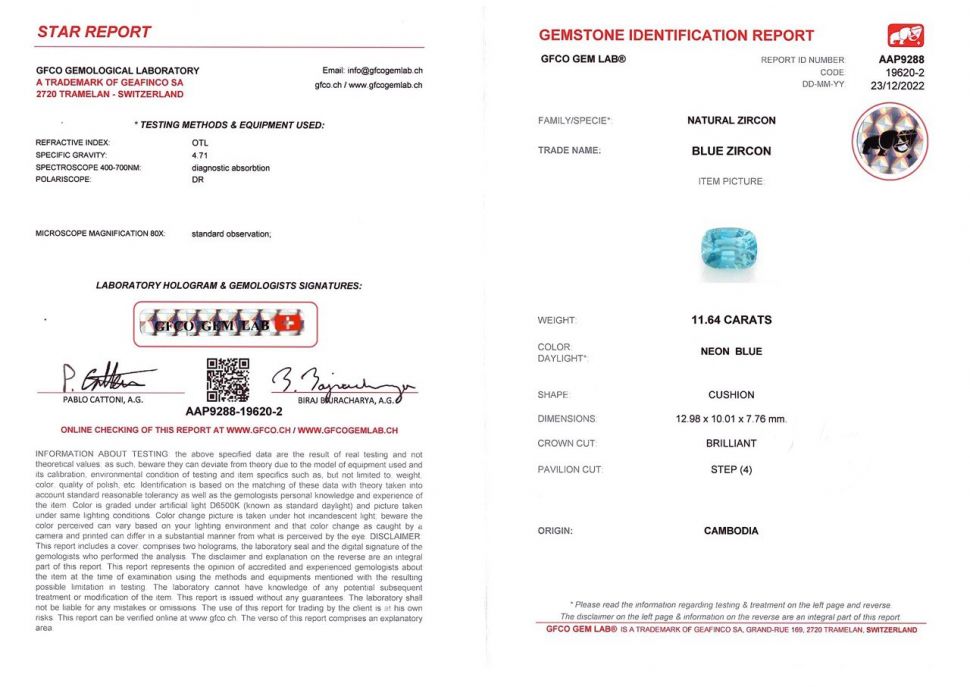 Certificate Bright blue zircon 11.64 ct