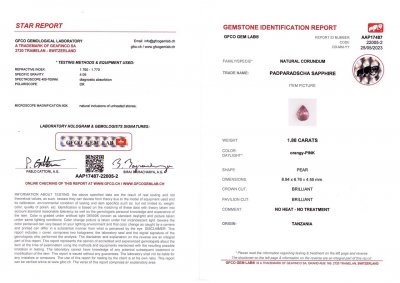 Certificate Rare unheated pear cut Padparadscha sapphire 1.88 ct, Tanzania
