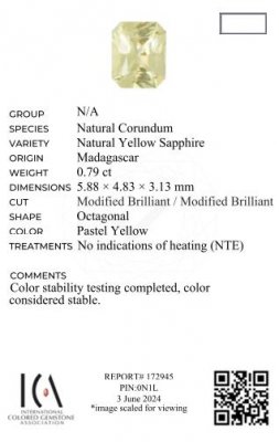 Certificate Untreated yellow sapphire radiant cut 0.79ct, Madagascar