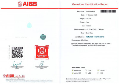 Certificate Neon blue Paraiba tourmaline pear cut 6.04 carats, Africa