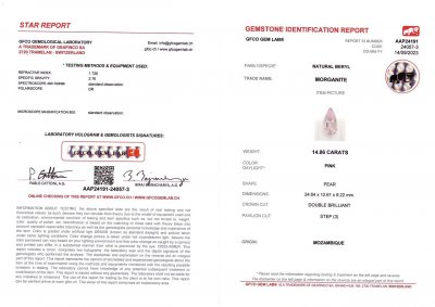 Certificate Rare morganite taille poire rose vif 14,86 carats