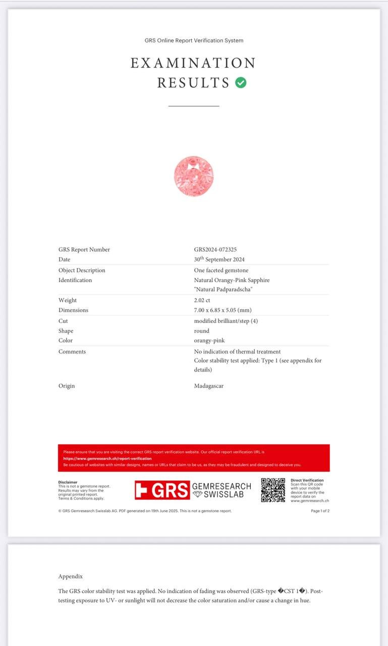 Saphir Padparadscha orange-rose non chauffé, taille ronde, 2,02 carats, Sri Lanka Image №6