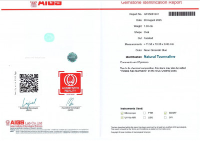 Certificate Neon Paraiba tourmaline oval cut 7.03 carats, Africa