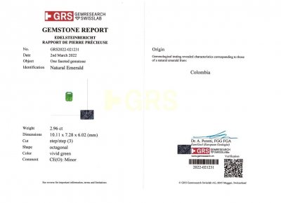 Certificate Colombian vivid green emerald 2.96 ct, GRS Minor