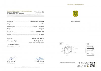 Certificate Octagon yellow sapphire 2.01 ct, Sri Lanka
