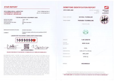 Certificate Paraiba tourmaline in oval cut 1.40 ct, Mozambique