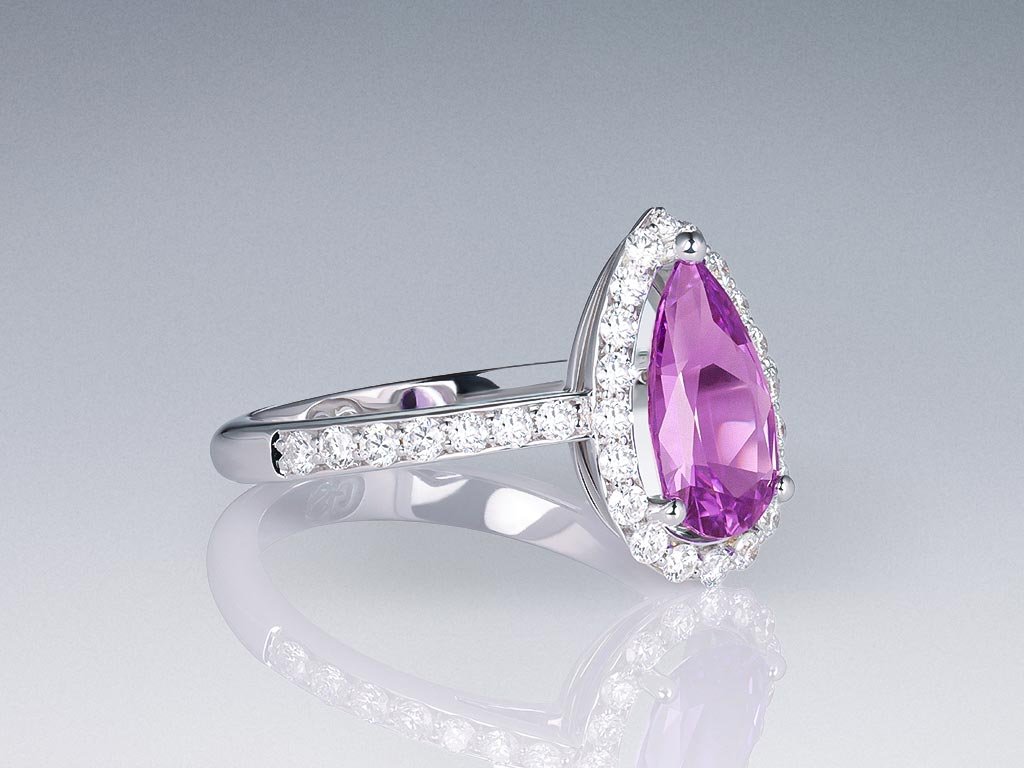 Ring with vivid purple sapphire 1.23 ct  and diamonds in 18K white gold Image №2