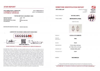 Certificate Paar rosafarbene Morganite im Birnenschliff, 8,36 Karat