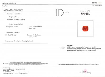 Certificate Neon red Mahenge spinel 4.03 ct, Lotus