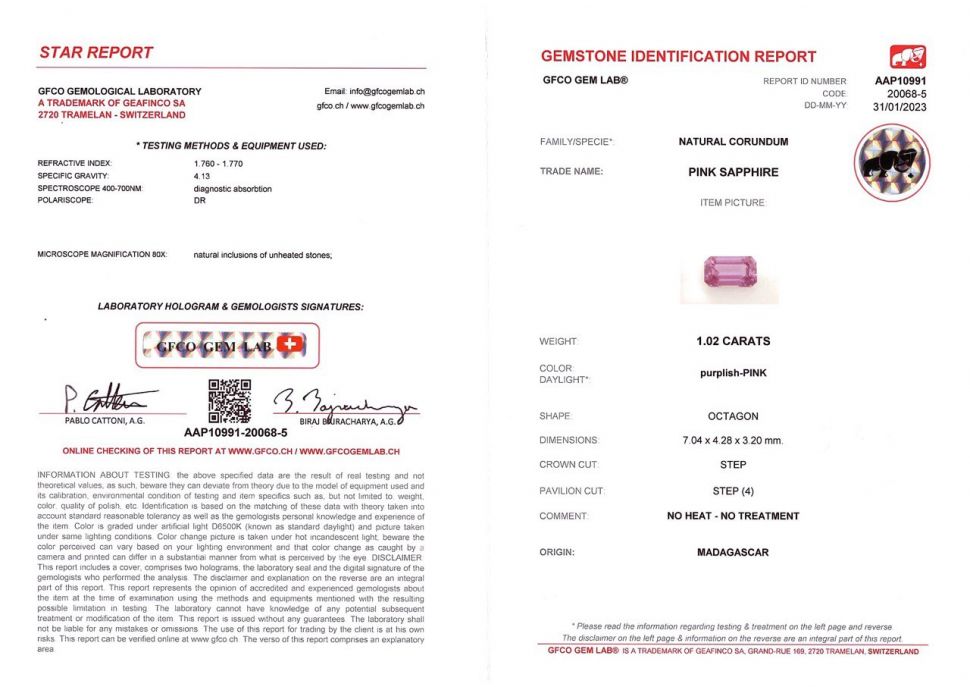 Certificate Vivid pink unheated sapphire 1.02 ct, Madagascar