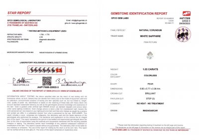Certificate Untreated white sapphire in pear cut 1.03 ct, Madagascar