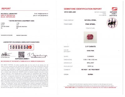 Certificate Mansin vivid pink spinel in cushion cut 3.17 carats, Burma