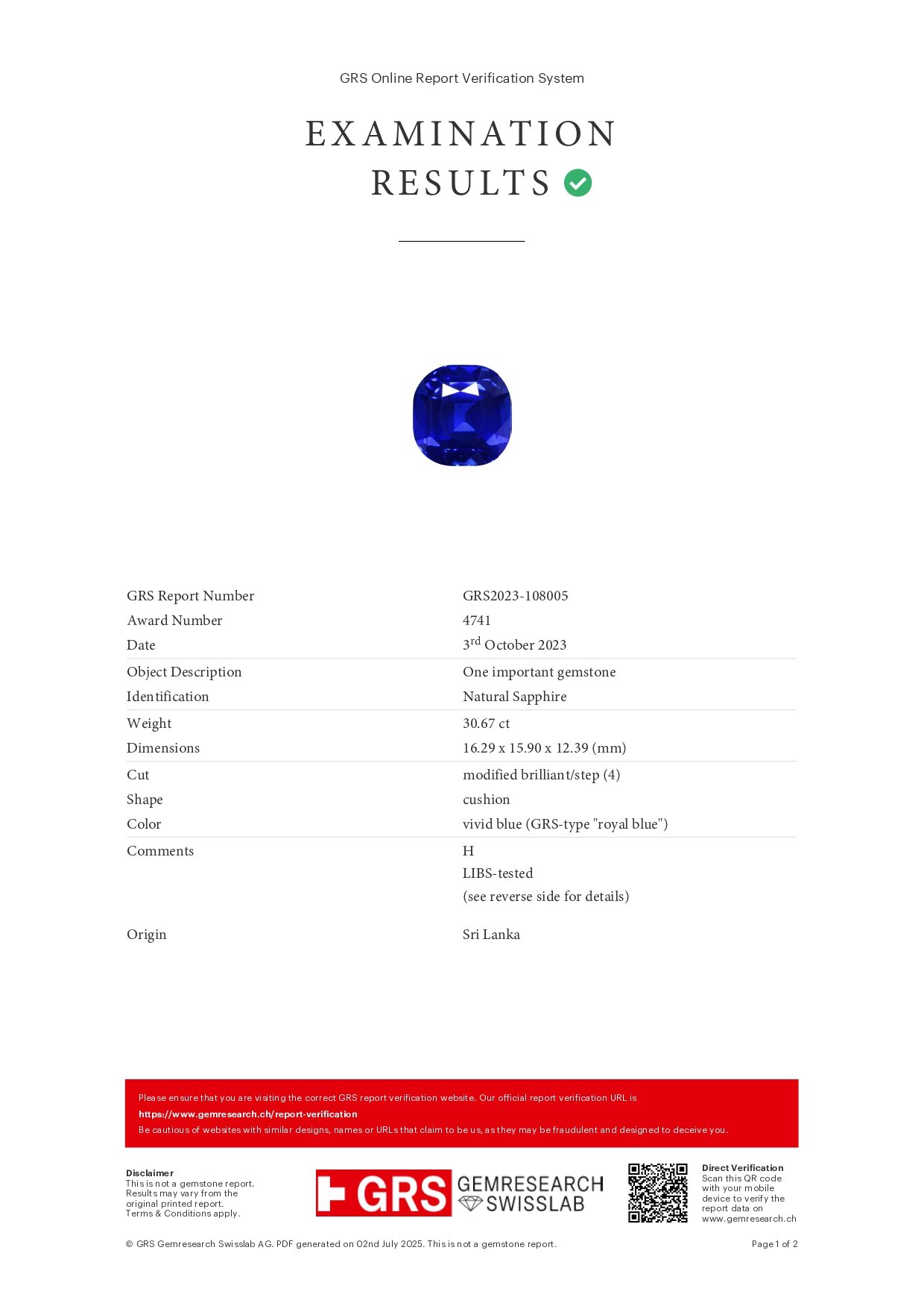 Gran zafiro azul real de talla cojín de 30,67 quilates, Sri Lanka  Image №5